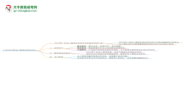 廣東2025年成人高考?xì)v史學(xué)專(zhuān)業(yè)生可不可以考四六級(jí)？思維導(dǎo)圖