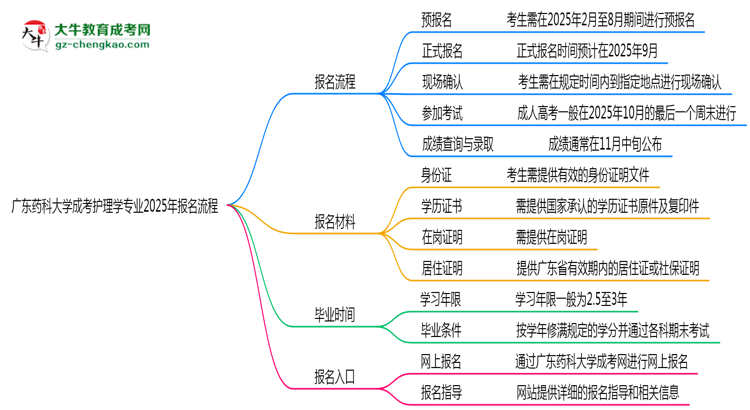 廣東藥科大學成考護理學專業(yè)2025年報名流程思維導圖