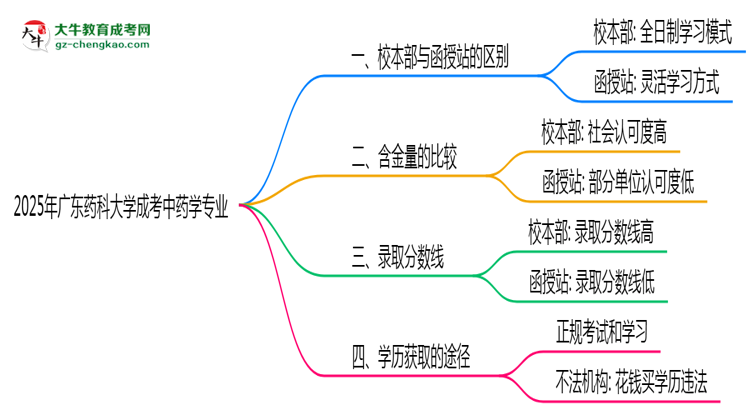 廣東藥科大學(xué)2025年成考中藥學(xué)專業(yè)校本部和函授站哪個更好？思維導(dǎo)圖