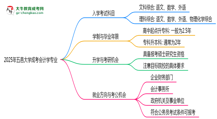 2025年五邑大學(xué)成考會計學(xué)專業(yè)入學(xué)考試科目有哪些？思維導(dǎo)圖