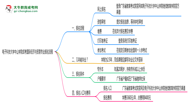 電子科技大學中山學院成考國際經濟與貿易專業(yè)2025年報名流程思維導圖