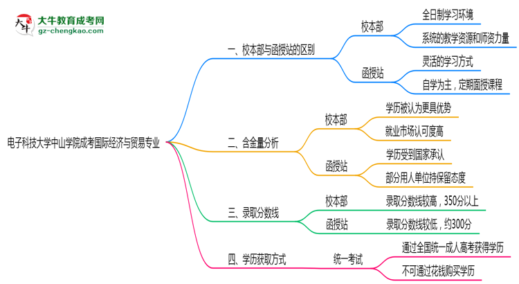 電子科技大學(xué)中山學(xué)院2025年成考國(guó)際經(jīng)濟(jì)與貿(mào)易專(zhuān)業(yè)校本部和函授站哪個(gè)更好？思維導(dǎo)圖