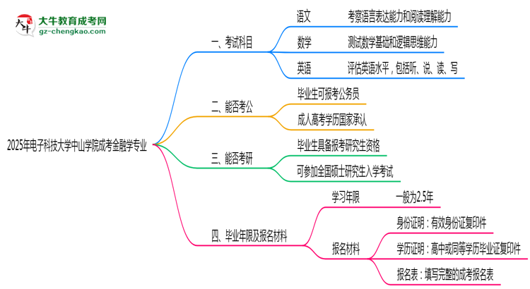 2025年電子科技大學(xué)中山學(xué)院成考金融學(xué)專業(yè)入學(xué)考試科目有哪些？思維導(dǎo)圖