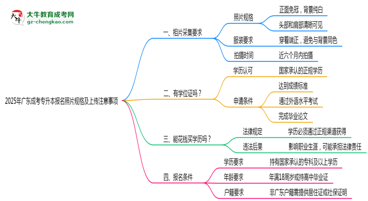 2025年廣東成考專升本報名照片規(guī)格及上傳注意事項思維導(dǎo)圖