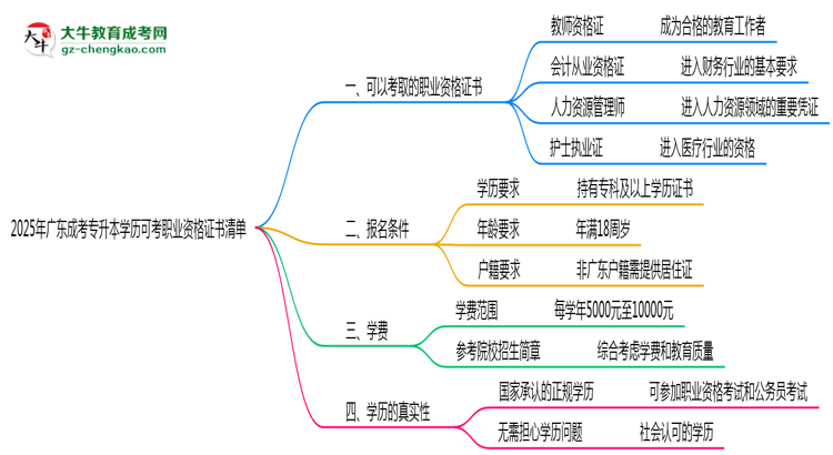 2025年廣東成考專(zhuān)升本學(xué)歷可考職業(yè)資格證書(shū)清單思維導(dǎo)圖