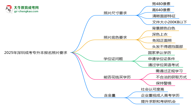 2025年深圳成考專升本報(bào)名照片要求：尺寸+底色思維導(dǎo)圖