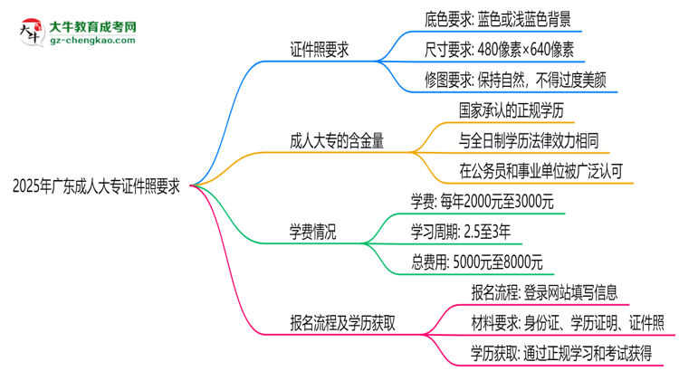 2025年廣東成人大專證件照要求：藍(lán)底/尺寸/修圖思維導(dǎo)圖