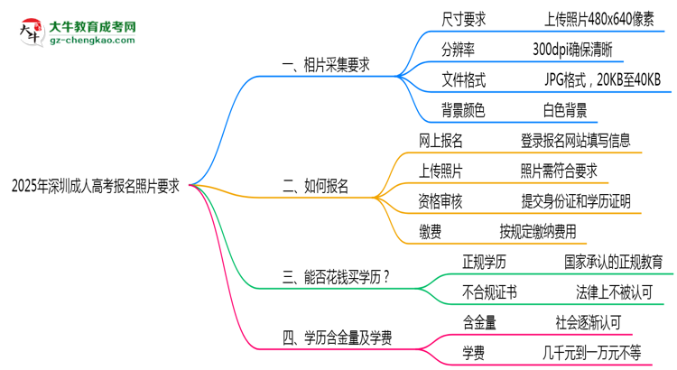 2025年深圳成人高考報名照片格式尺寸及背景要求思維導圖
