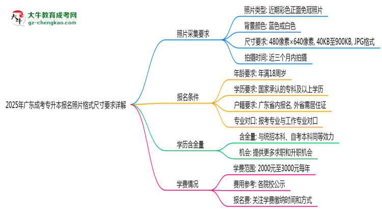 2025年廣東成考專升本報名照片格式尺寸要求詳解思維導(dǎo)圖