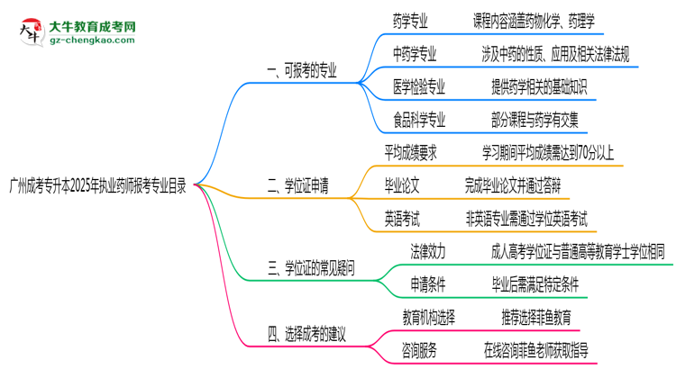 廣州成考專升本2025年執(zhí)業(yè)藥師報考專業(yè)目錄思維導圖