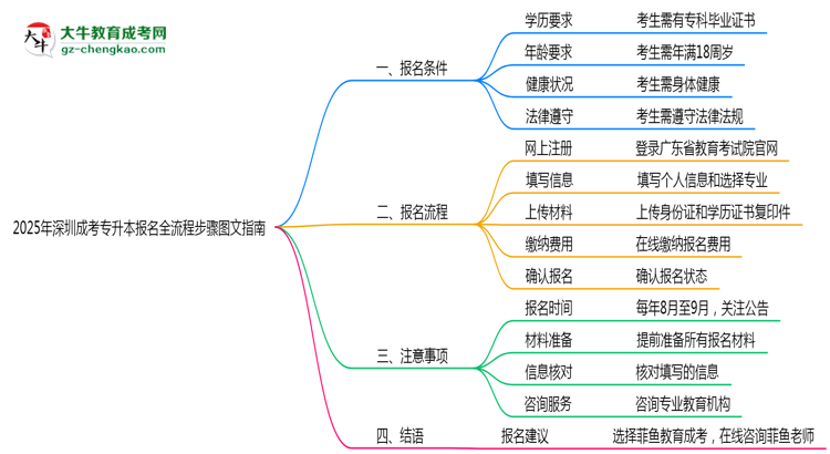 2025年深圳成考專升本報名全流程步驟圖文指南思維導(dǎo)圖